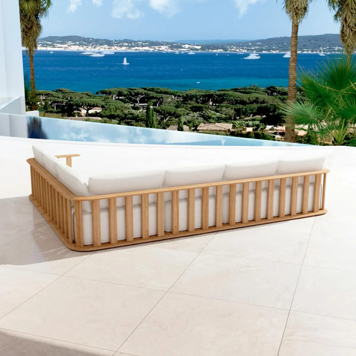 MOBELLIA Salon de jardin d'angle en bois teck 6 places Java Ecru Hot