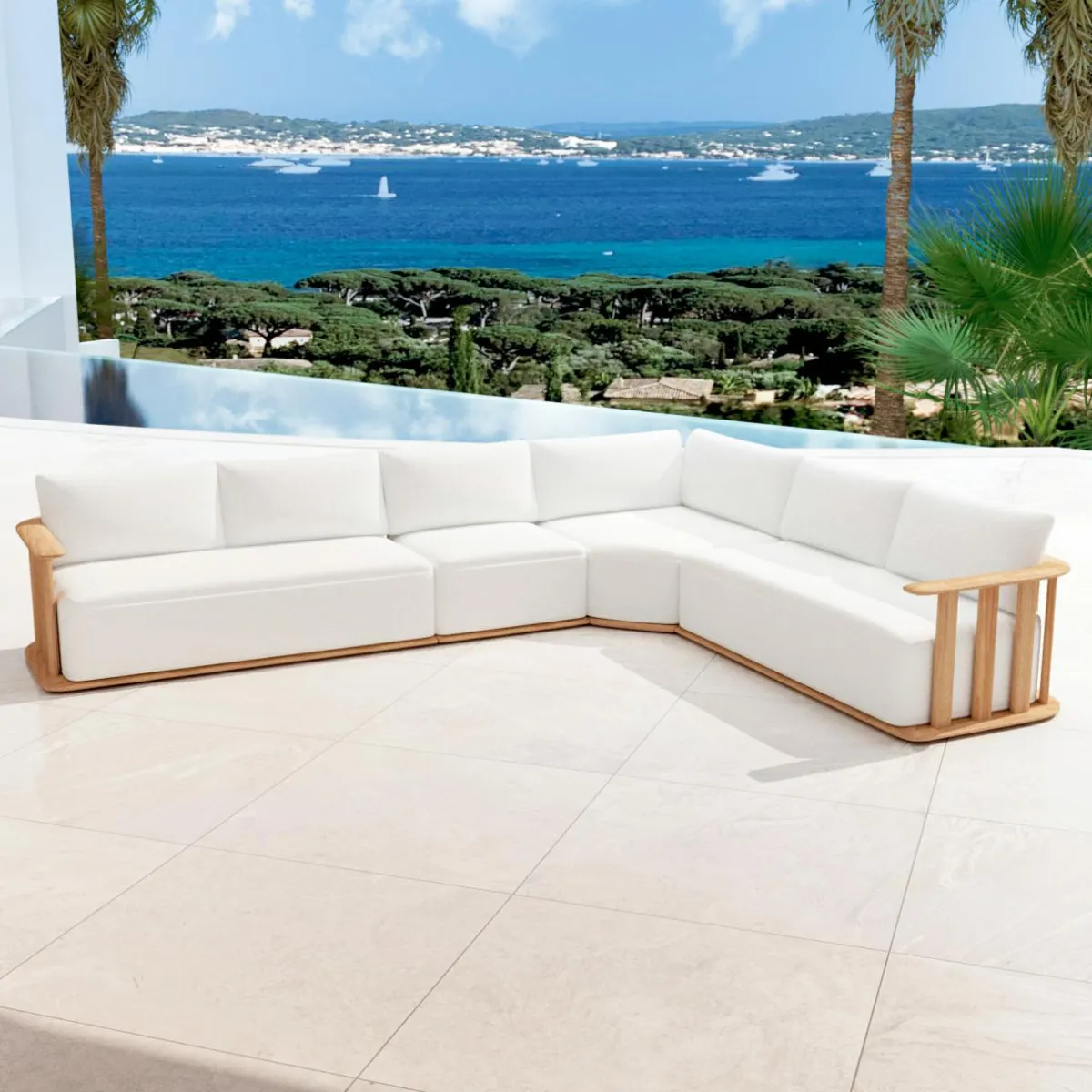 MOBELLIA Salon de jardin d'angle en bois teck 6 places Java Ecru Hot