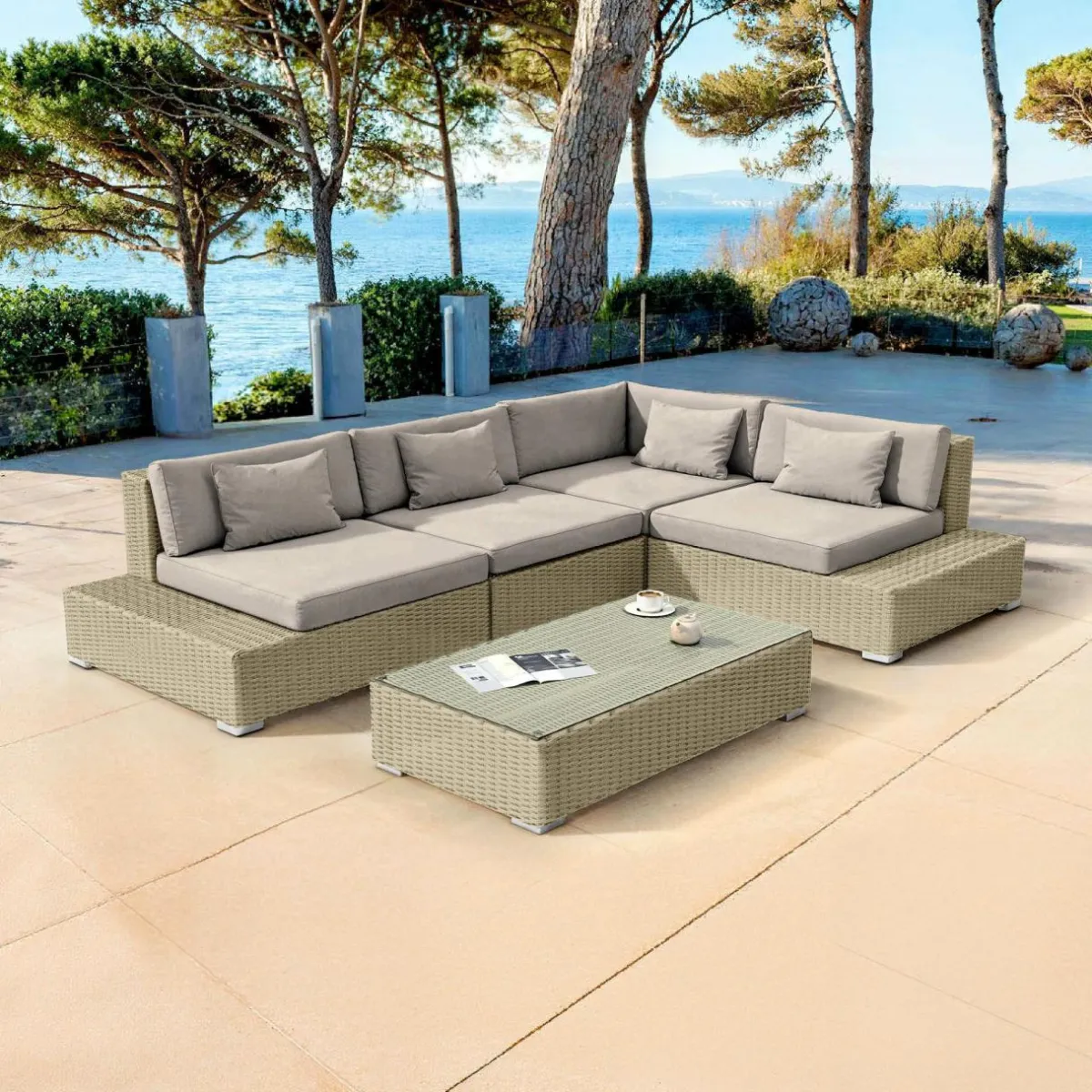 MOBELLIA Salon de jardin d'angle en résine tressée 5 places Palma Gris et taupe Tressé Gris - Taupe Sale