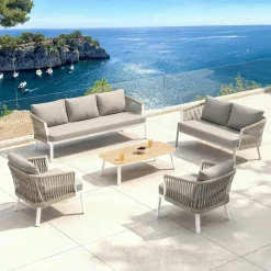 MOBELLIA Salon de jardin en aluminium 7 places 5 pcs Amalfi Blanc et taupe Blanc - Taupe Hot