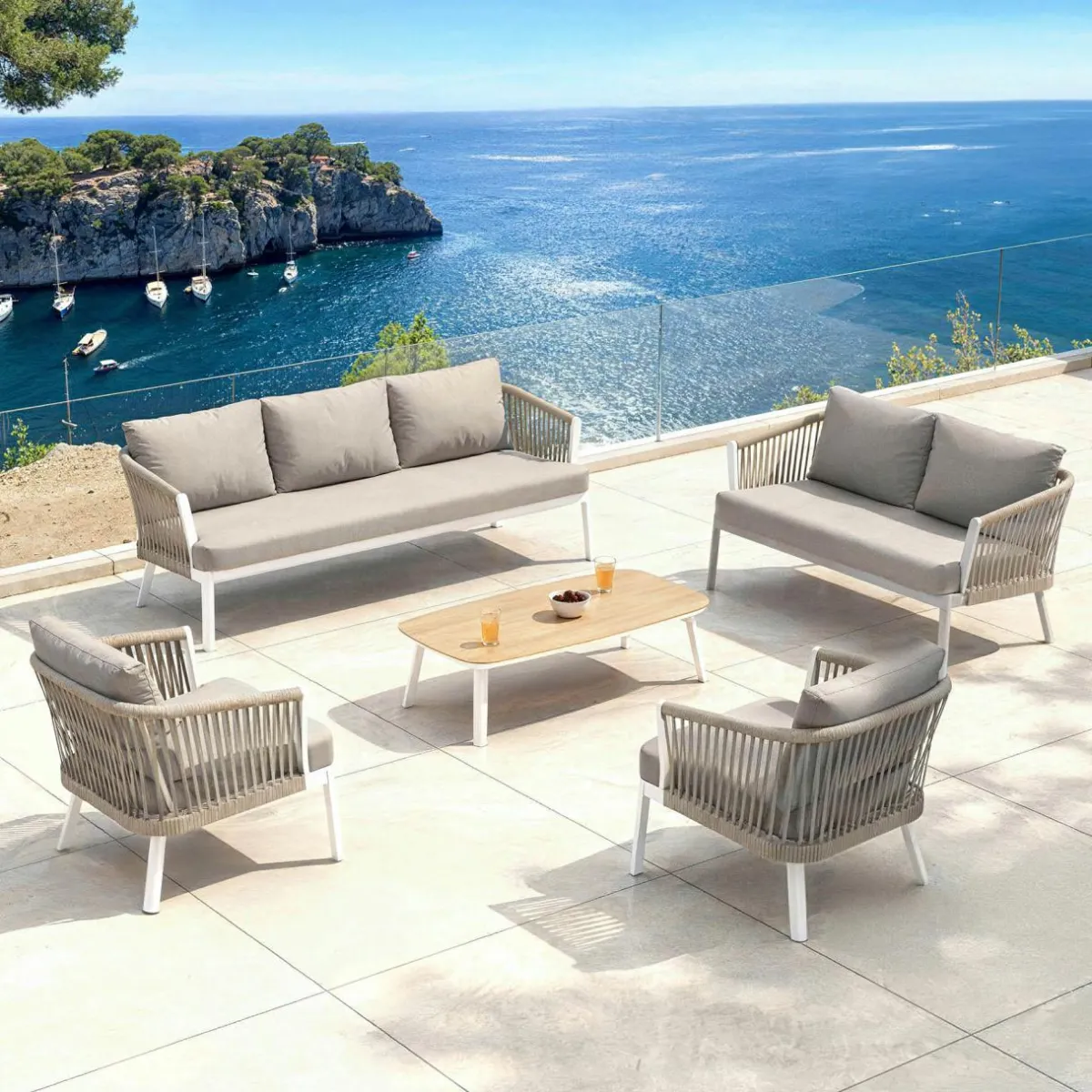 MOBELLIA Salon de jardin en aluminium 7 places 5 pcs Amalfi Blanc et taupe Blanc - Taupe Hot
