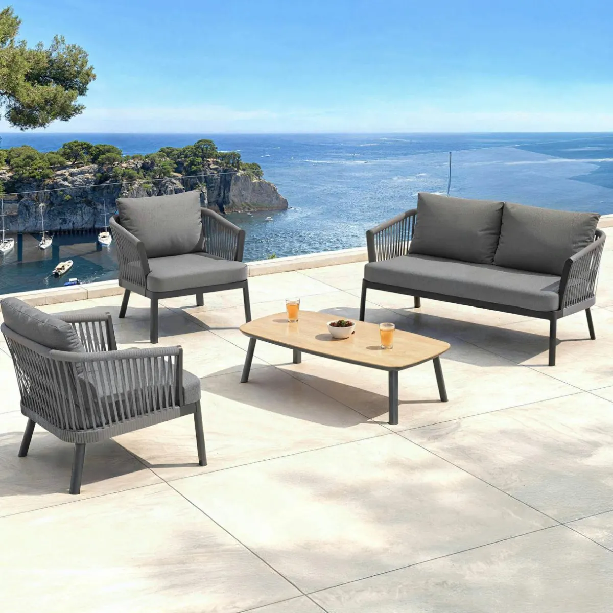 MOBELLIA Salon de jardin en aluminium 4 places 4 pcs Amalfi Gris Anthracite Hot