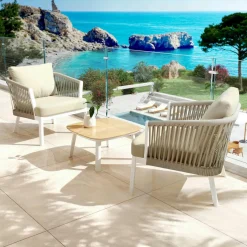 MOBELLIA Salon de jardin en aluminium 2 places 3 pcs Amalfi Blanc et beige Blanc - Beige Outlet