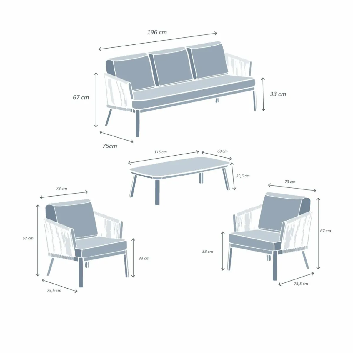 MOBELLIA Salon de jardin en aluminium 5 places 4 pcs Amalfi Gris Anthracite New