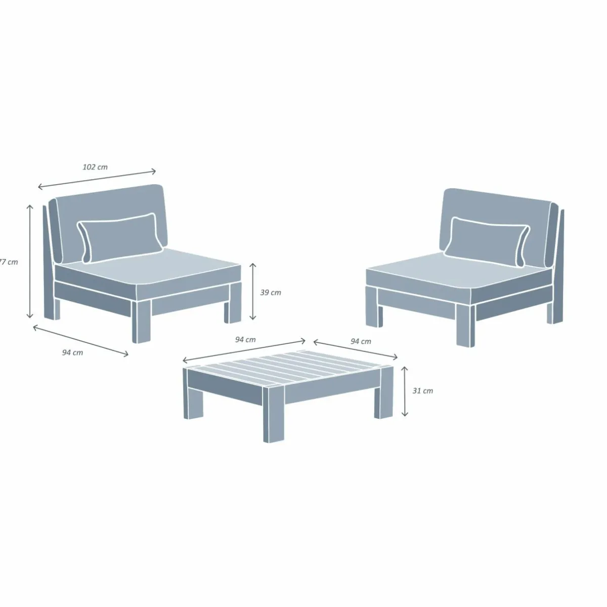 MOBELLIA Salon de jardin en bois d'acacia 2 places 3 pcs Borneo Gris Anthracite Best