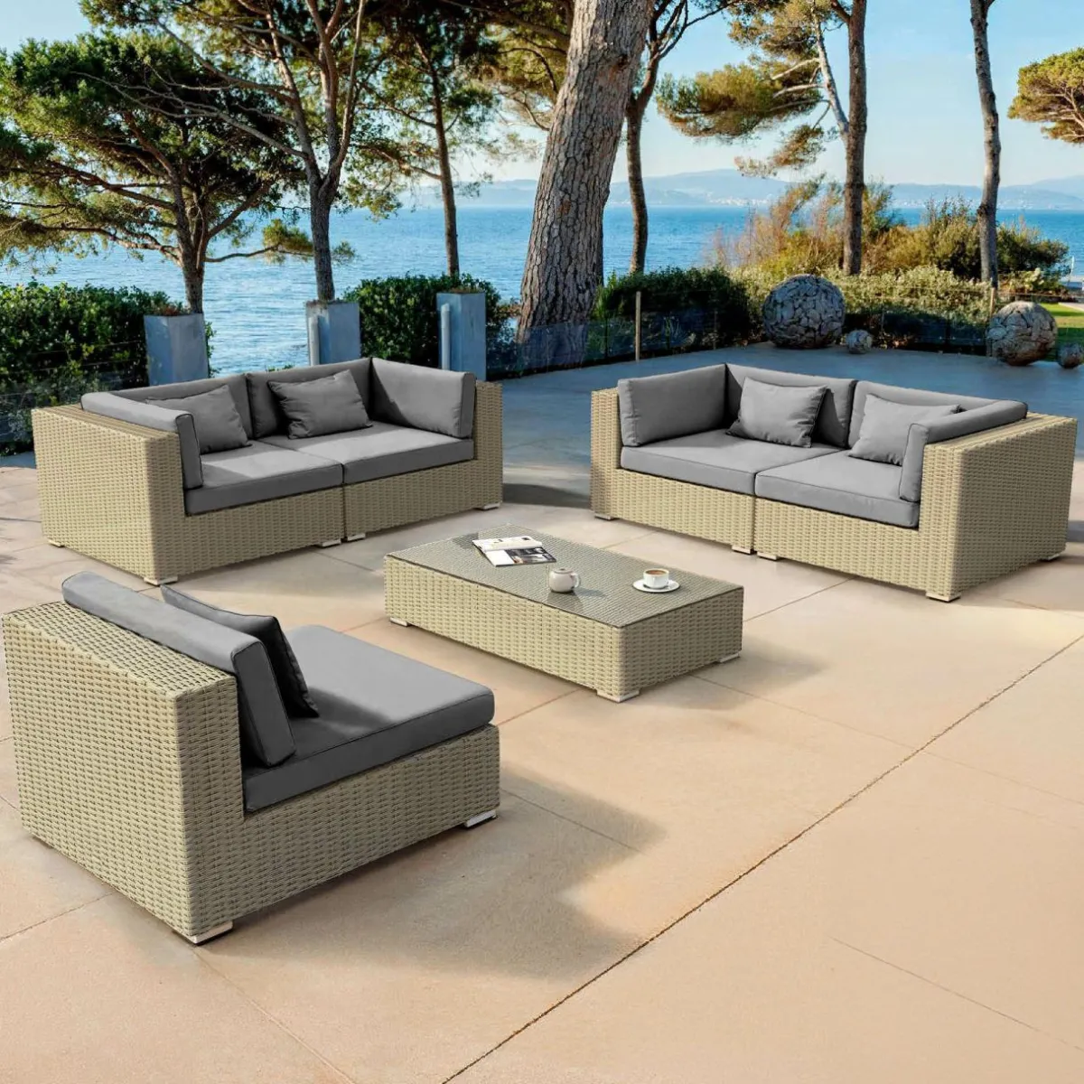 MOBELLIA Salon de jardin en résine tressée 5 places 6 pcs Palma Gris et anthracite Tressé Gris - Anthracite Discount