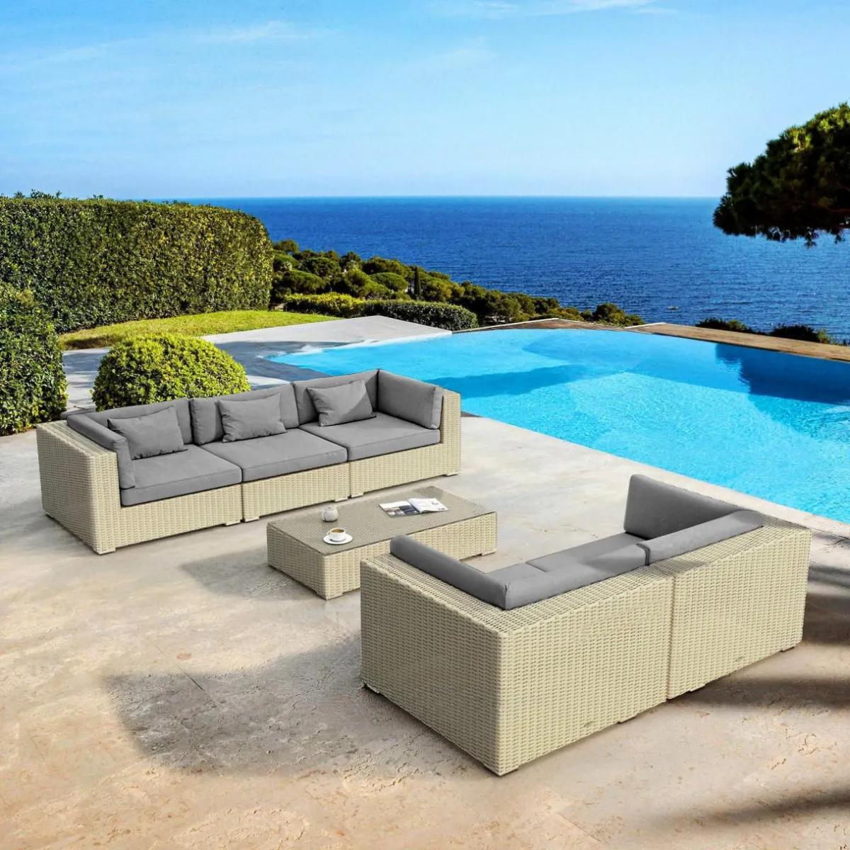 MOBELLIA Salon de jardin en résine tressée 5 places 6 pcs Palma Gris et anthracite Tressé Gris - Anthracite Discount