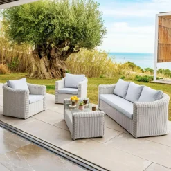 MOBELLIA Salon de jardin en résine tressée 5 places 4 pcs Calvi Blanc et gris clair Tressé Blanc - Gris clair Discount