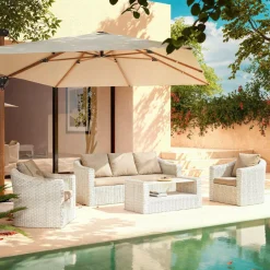 MOBELLIA Salon de jardin en résine tressée 5 places 4 pcs Calvi Blanc et taupe Tressé Blanc - Taupe Clearance