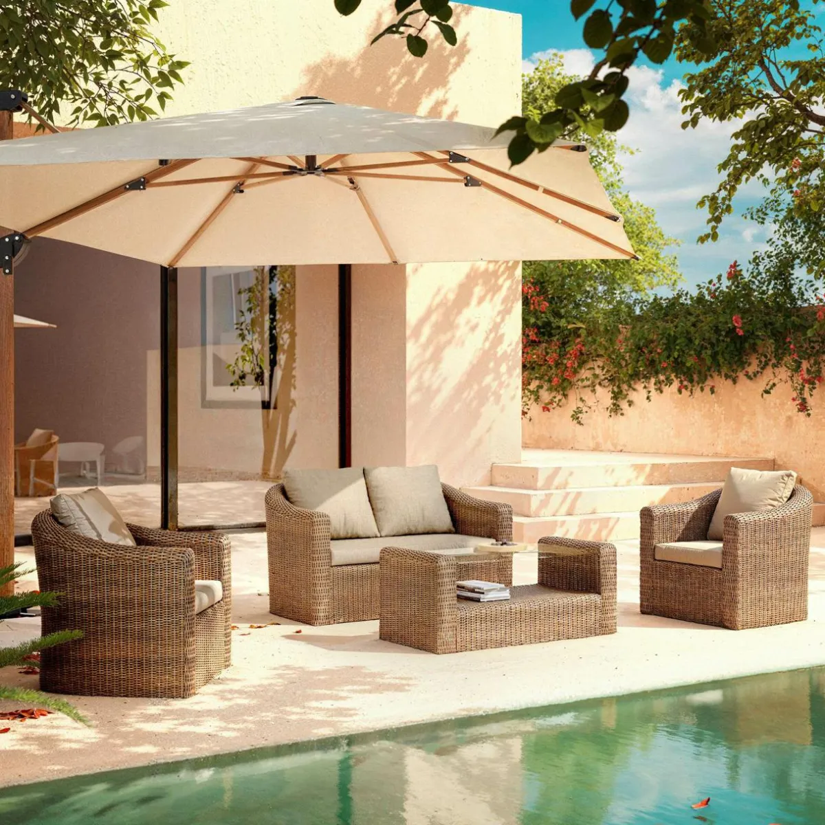 MOBELLIA Salon de jardin en résine tressée 4 places 4 pcs Calvi Sepia et taupe Tressé Sepia - Taupe Hot