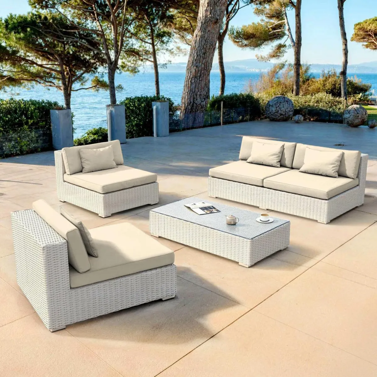 MOBELLIA Salon de jardin en résine tressée 4 places 4 pcs Palma Blanc et beige Tresse Blanc - Beige Sale