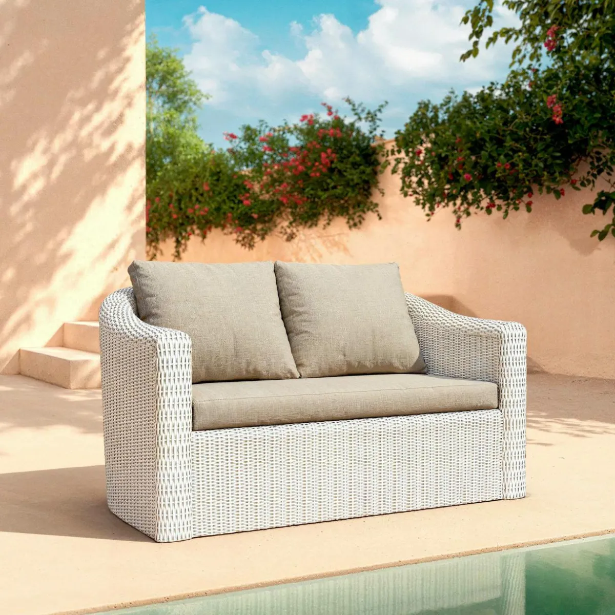 MOBELLIA Salon de jardin en résine tressée 4 places 4 pcs Calvi Blanc et taupe Tressé Blanc - Taupe Discount
