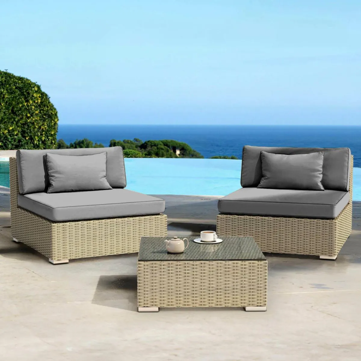 MOBELLIA Salon de jardin en résine tressée 2 places 3 pcs Palma Gris et anthracite Tressé Gris - Anthracite Hot