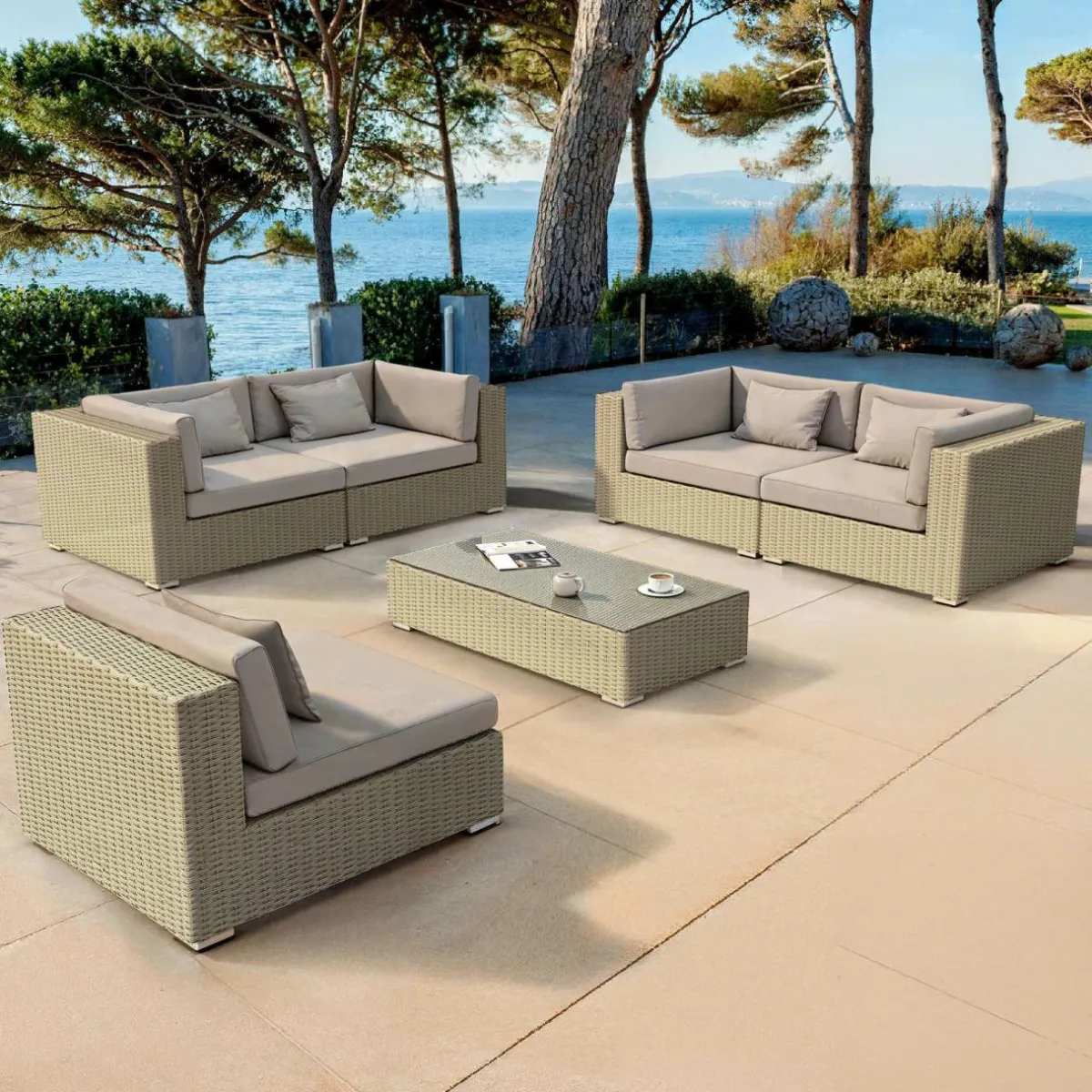 MOBELLIA Salon de jardin en résine tressée 5 places 6 pcs Palma Gris et taupe Tressé Gris - Taupe