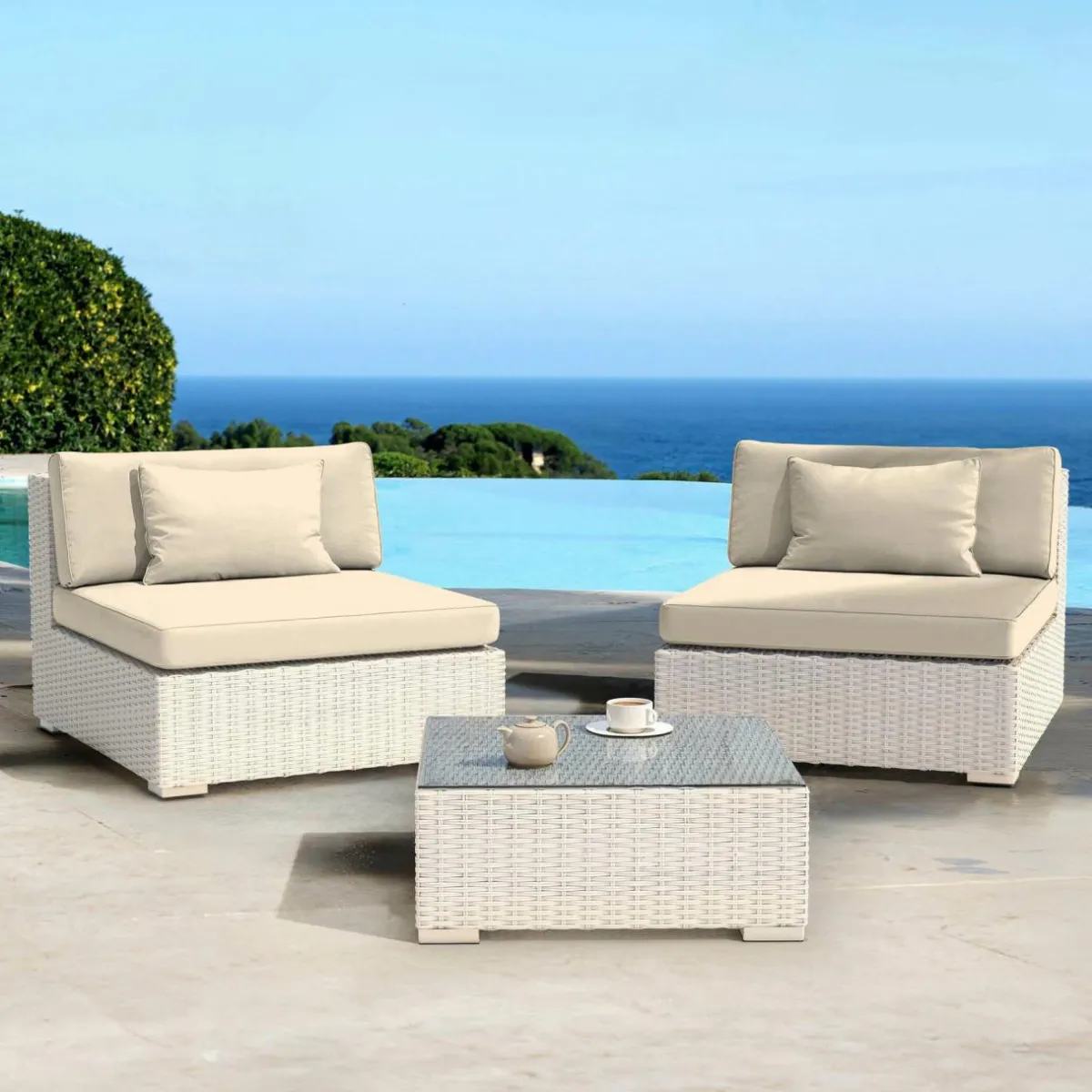 MOBELLIA Salon de jardin en résine tressée 2 places 3 pcs Palma Blanc et beige Tresse Blanc - Beige