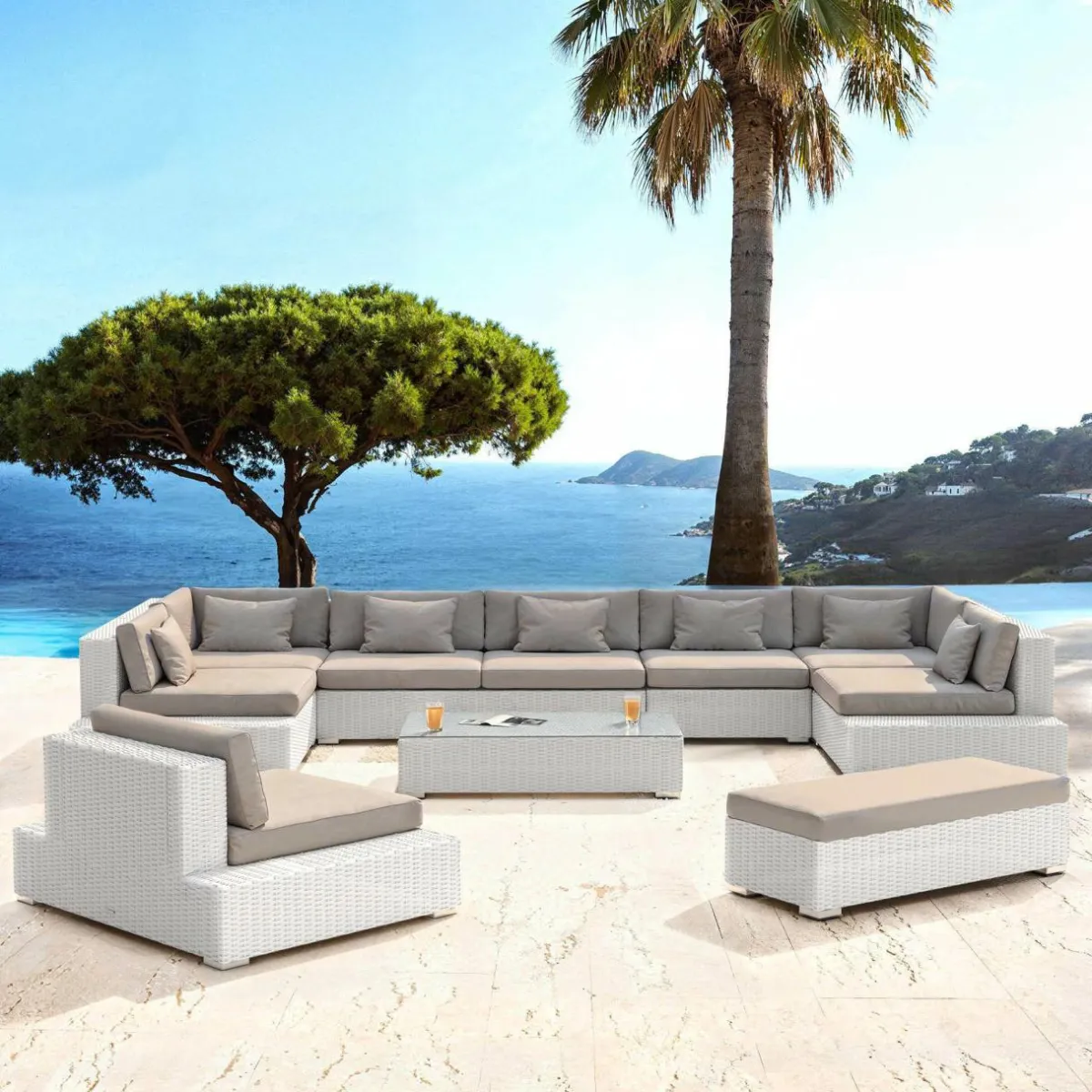 MOBELLIA Salon de jardin en résine tressée 9 places 9 pcs Palma Blanc et taupe Tressé Blanc - Taupe New