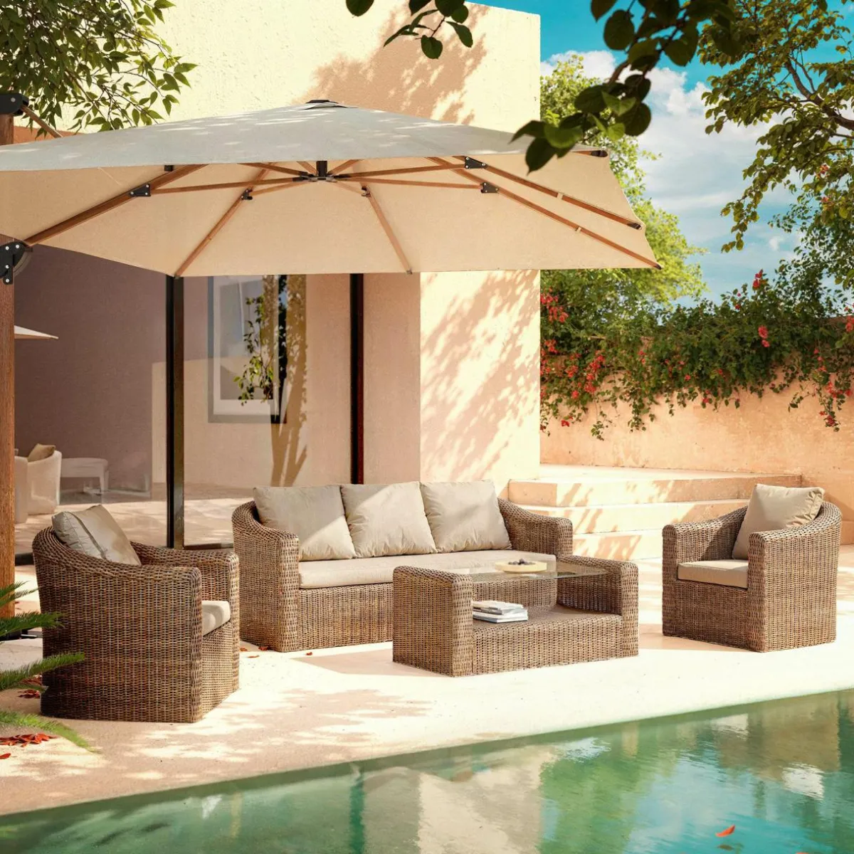 MOBELLIA Salon de jardin en résine tressée 5 places 4 pcs Calvi Sepia et taupe Tressé Sepia - Taupe Discount