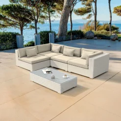 MOBELLIA Salon de jardin en résine tressée 4 places 5 pcs Palma Blanc et beige Tresse Blanc - Beige Discount
