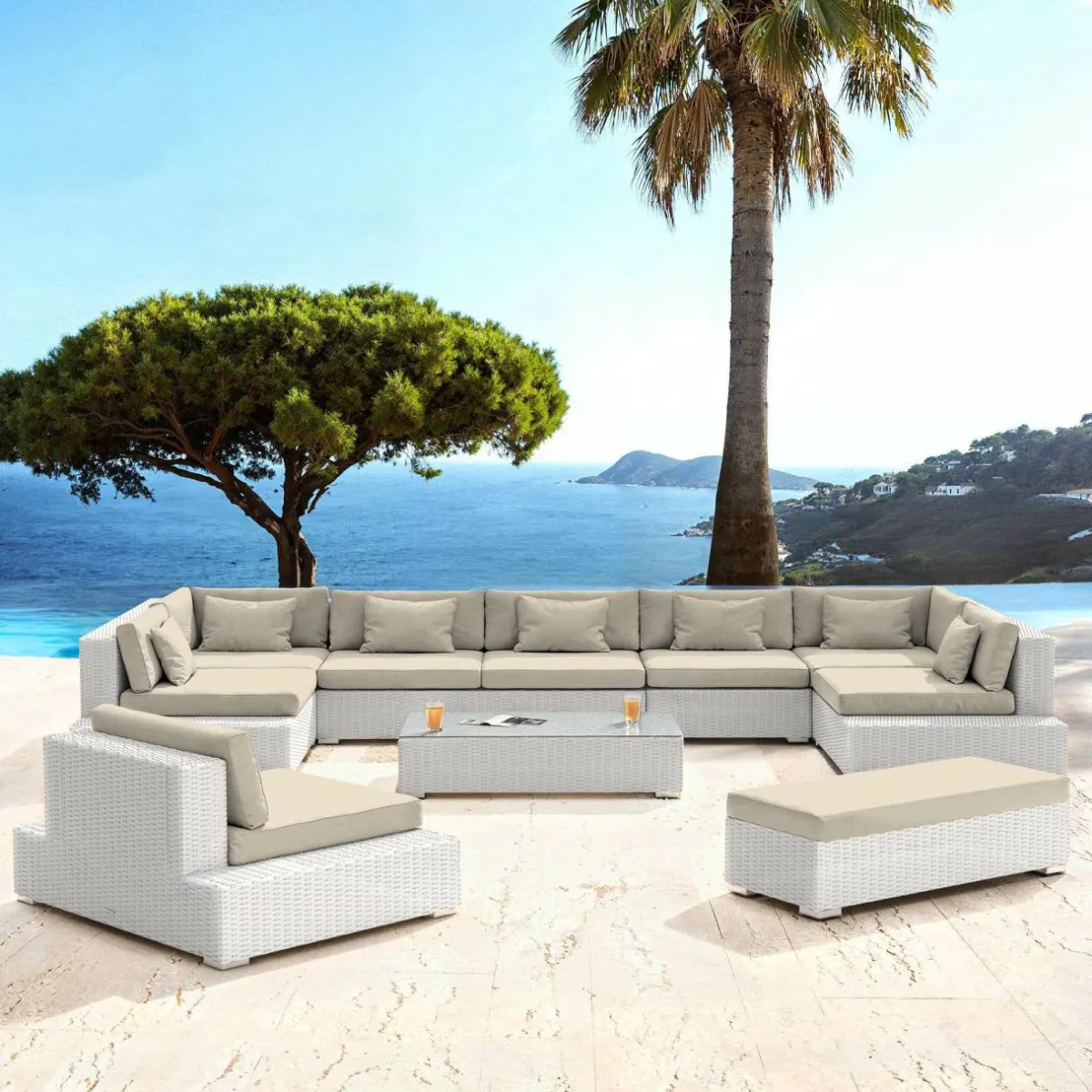 MOBELLIA Salon de jardin en résine tressée 9 places 9 pcs Palma Blanc et beige Tresse Blanc - Beige Outlet