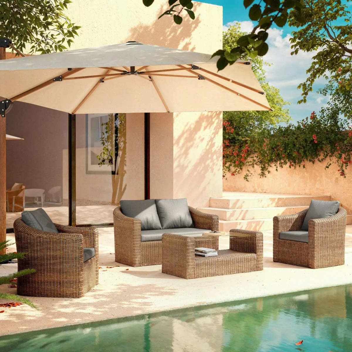 MOBELLIA Salon de jardin en résine tressée 4 places 4 pcs Calvi Sepia et gris foncé Tressé Sepia - Anthracite Discount