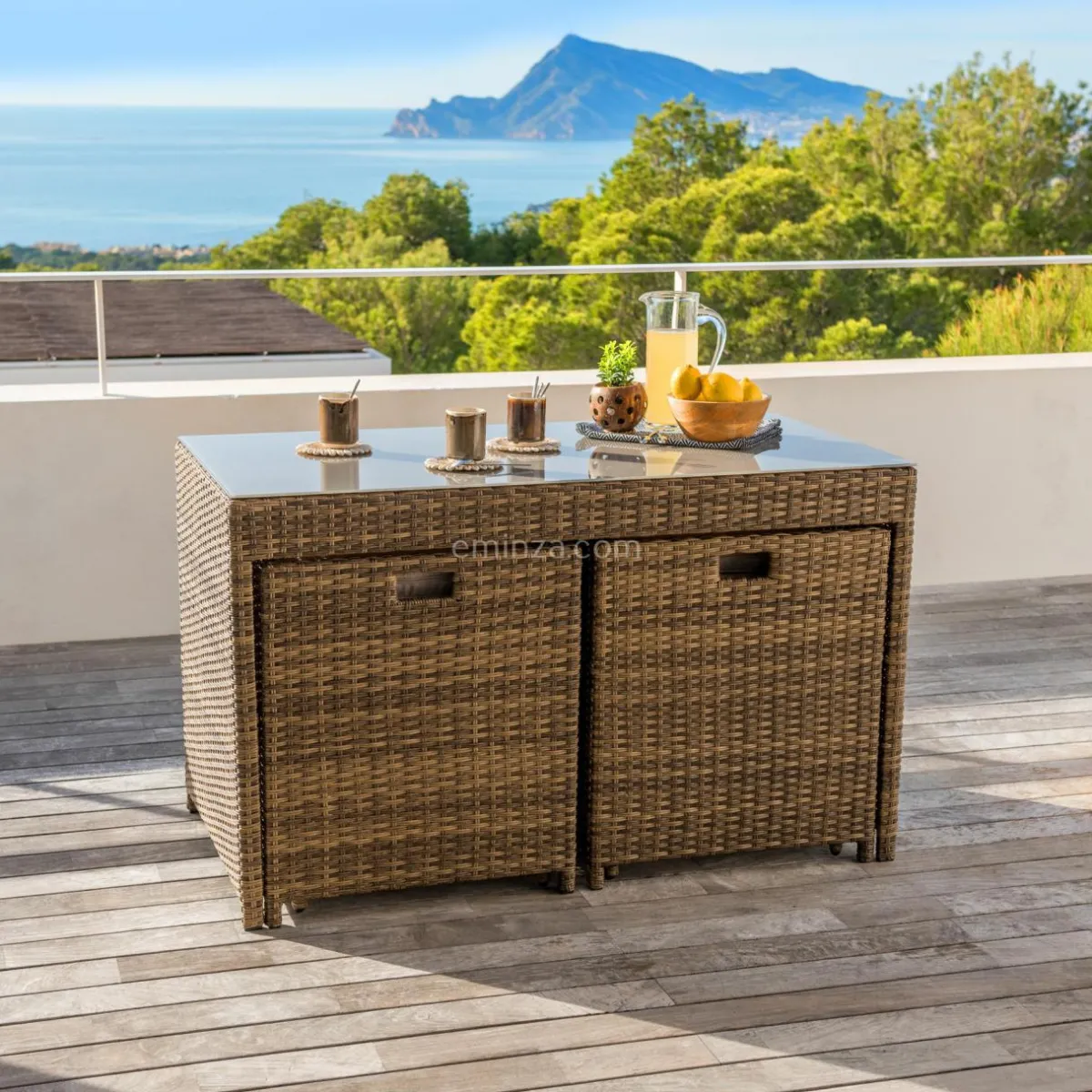 MOBELLIA Salon de jardin encastrable résine tressée 4 places Menorca et beige Sépia Online