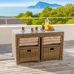 MOBELLIA Salon de jardin encastrable résine tressée 4 places Menorca et beige Sépia Online