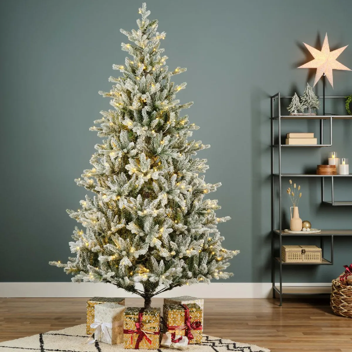 EMINZA Sapin de Noël artificiel lumineux 430 LED (H210 cm) Allix Vert enneigé Sapin enneigé lumineux Clearance