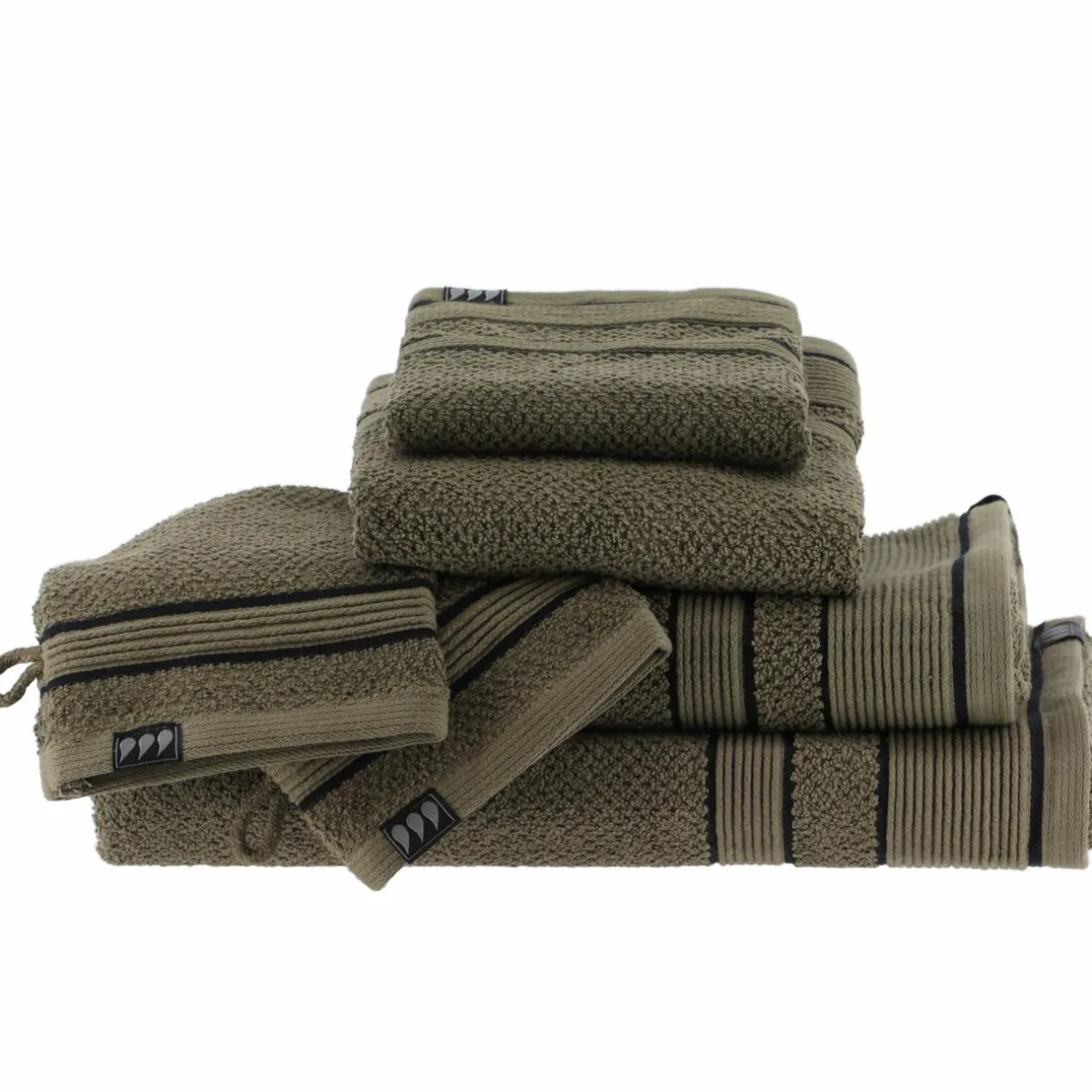 TENDANCE Serviette de bain coton (30 x 50 cm) Black Line / noir Vert kaki New