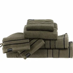 TENDANCE Serviette de bain coton (90 x 150 cm) Black Line / noir Vert kaki Discount