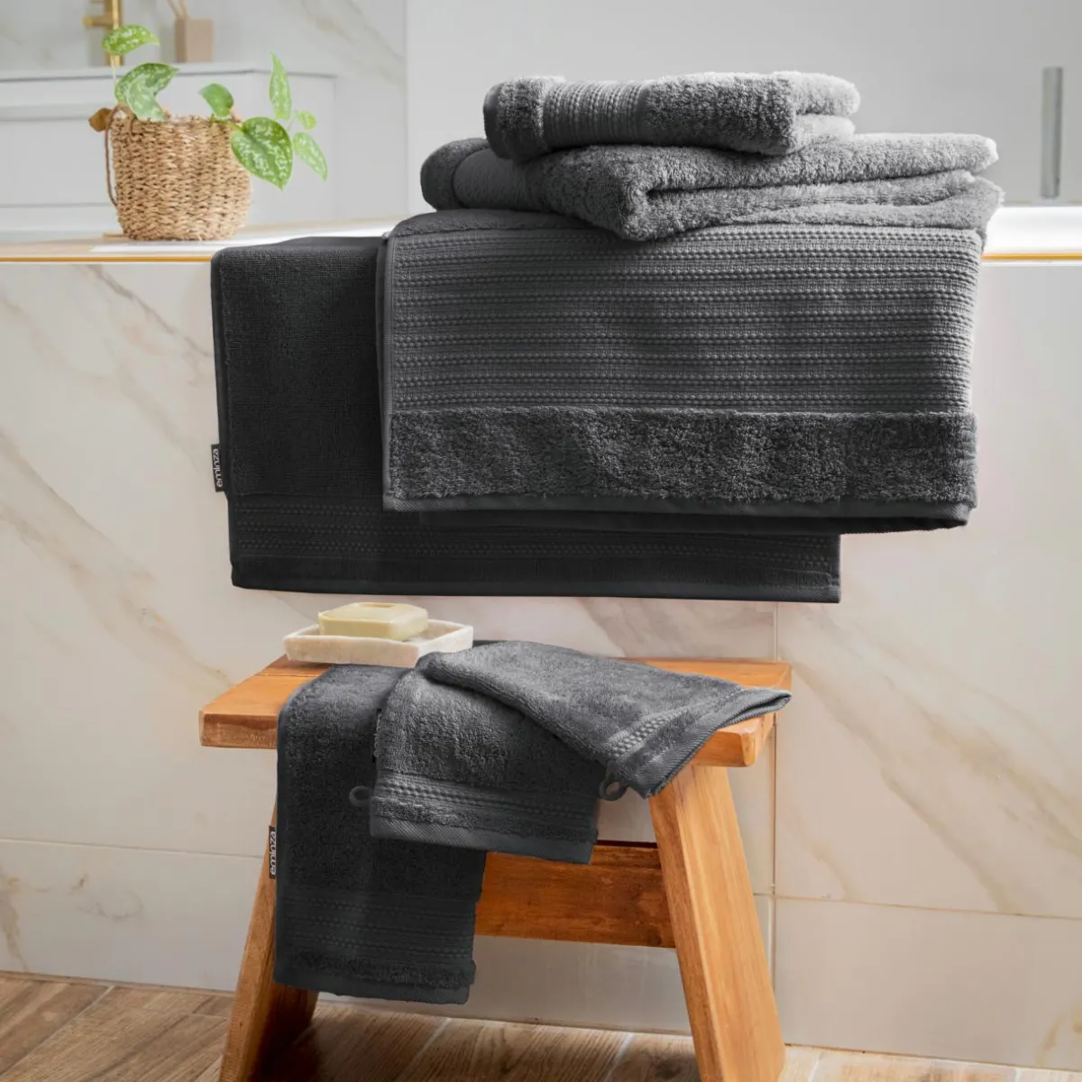 EMINZA Serviette de bain coton bio (30 x 50 cm) Méline Gris orage Gris foncé Outlet
