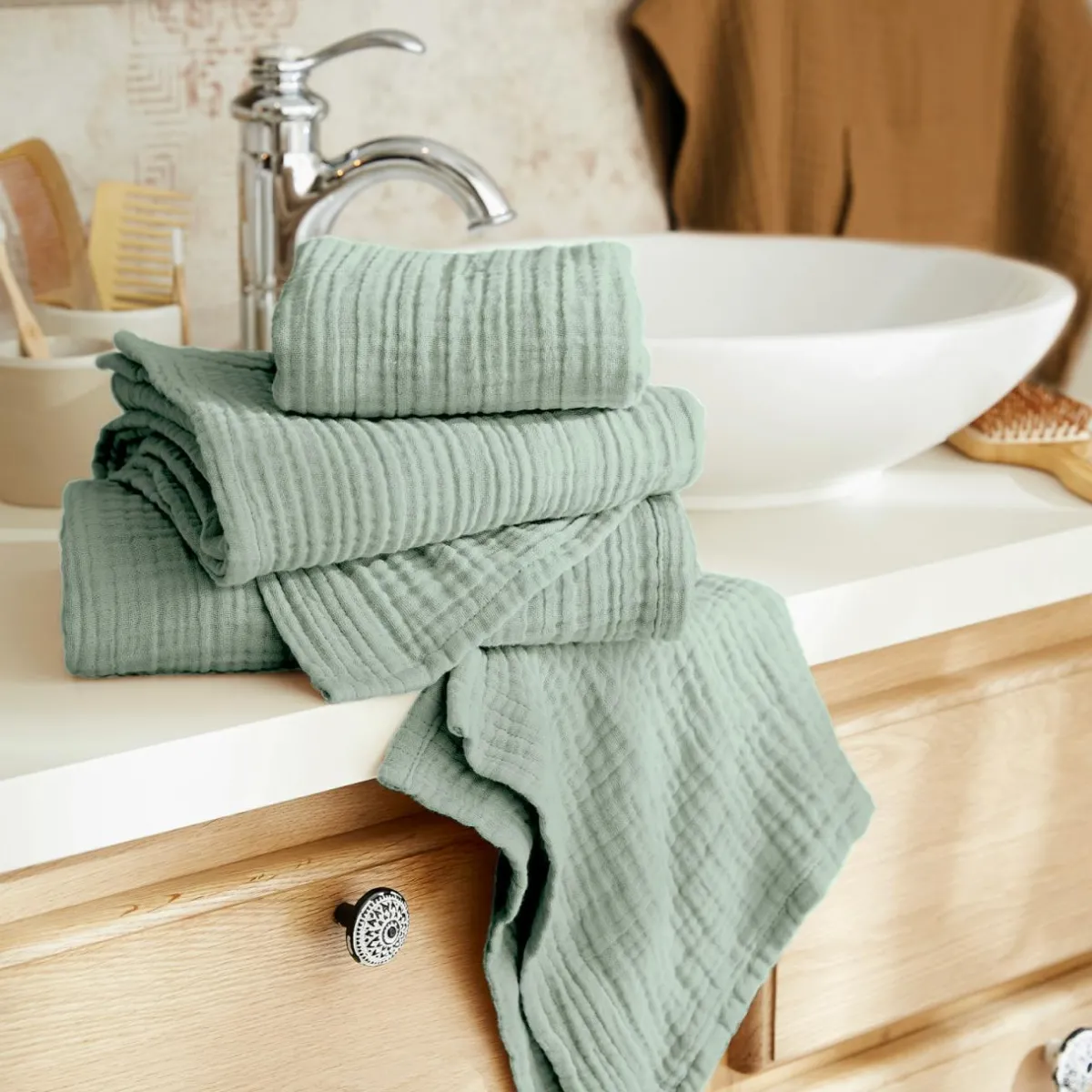 EMINZA Serviette de bain gaze de coton (30 x 50 cm) Gaïa Vert Eucalyptus Clearance