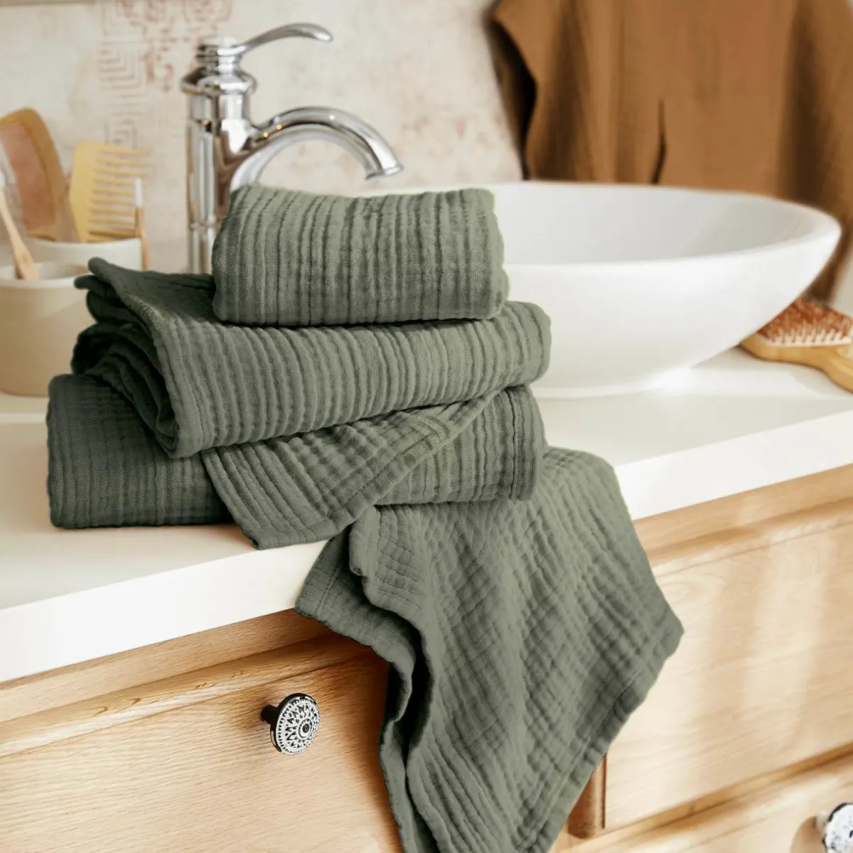 EMINZA Serviette de bain gaze de coton (30 x 50 cm) Gaïa Vert romarin Best