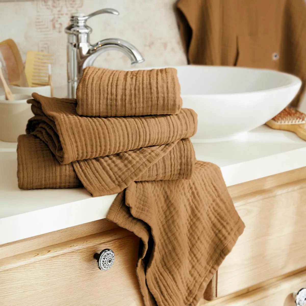 EMINZA Serviette de bain gaze de coton (90 x 150 cm) Gaïa Camel Hot