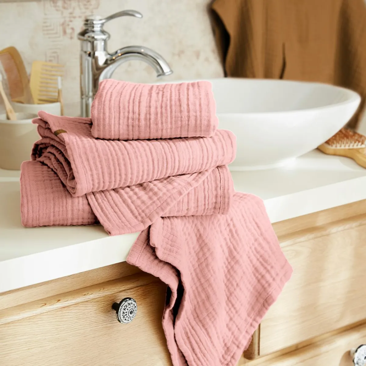 EMINZA Serviette de bain gaze de coton (90 x 150 cm) Gaïa Rose Pêche