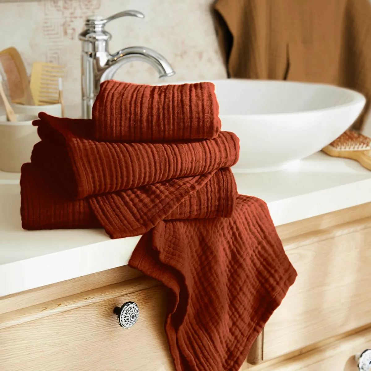 EMINZA Serviette de bain gaze de coton (70 x 130 cm) Gaïa Terracotta Hot