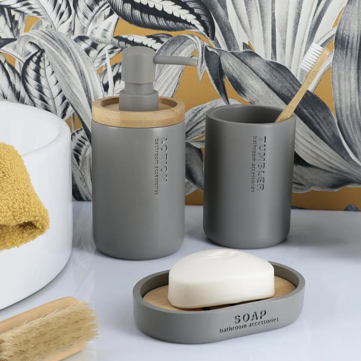 TENDANCE Set d'accessoires salle de bain Purebamboo Gris Hot