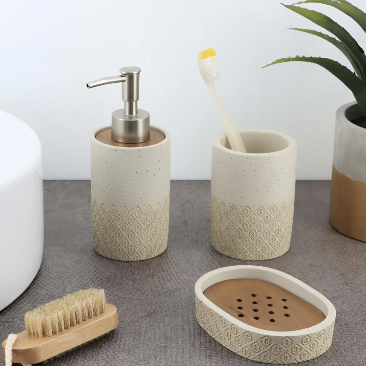 TENDANCE Set d'accessoires salle de bain gravé Casablanca Naturel Beige New