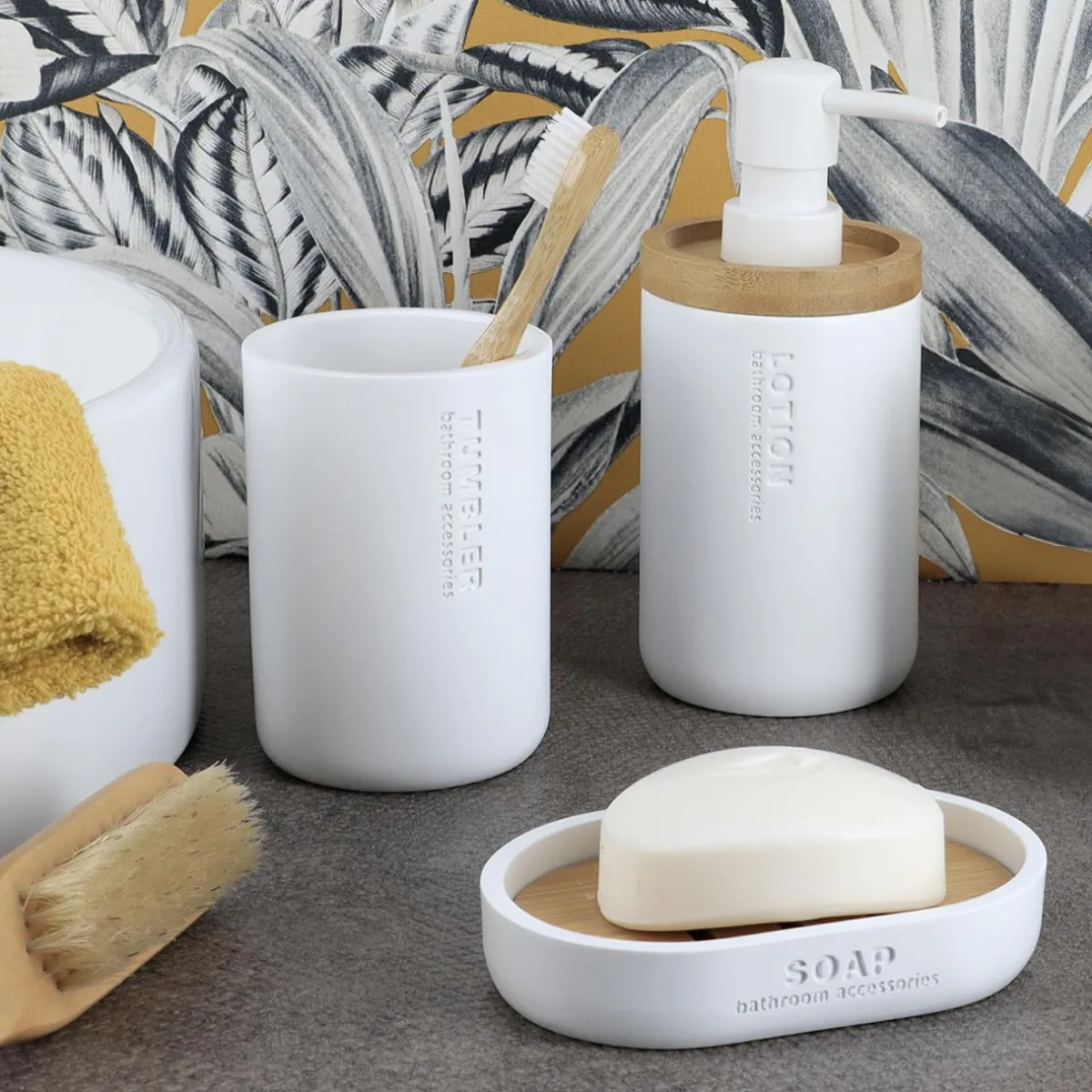 TENDANCE Set d'accessoires salle de bain Purebamboo Blanc New