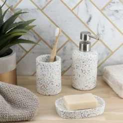 TENDANCE Set d'accessoires salle de bain ciment Terrazzo Blanc Discount