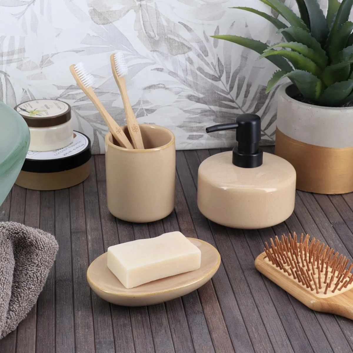 TENDANCE Set d'accessoires salle de bain grès laqué Season color Beige Clearance