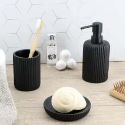 TENDANCE Set d'accessoires salle de bain résine Strié Noir Clearance