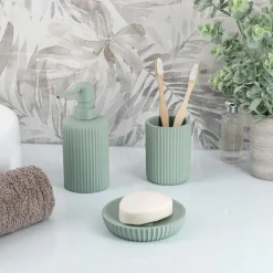 TENDANCE Set d'accessoires salle de bain résine Strié Vert Eucalyptus New