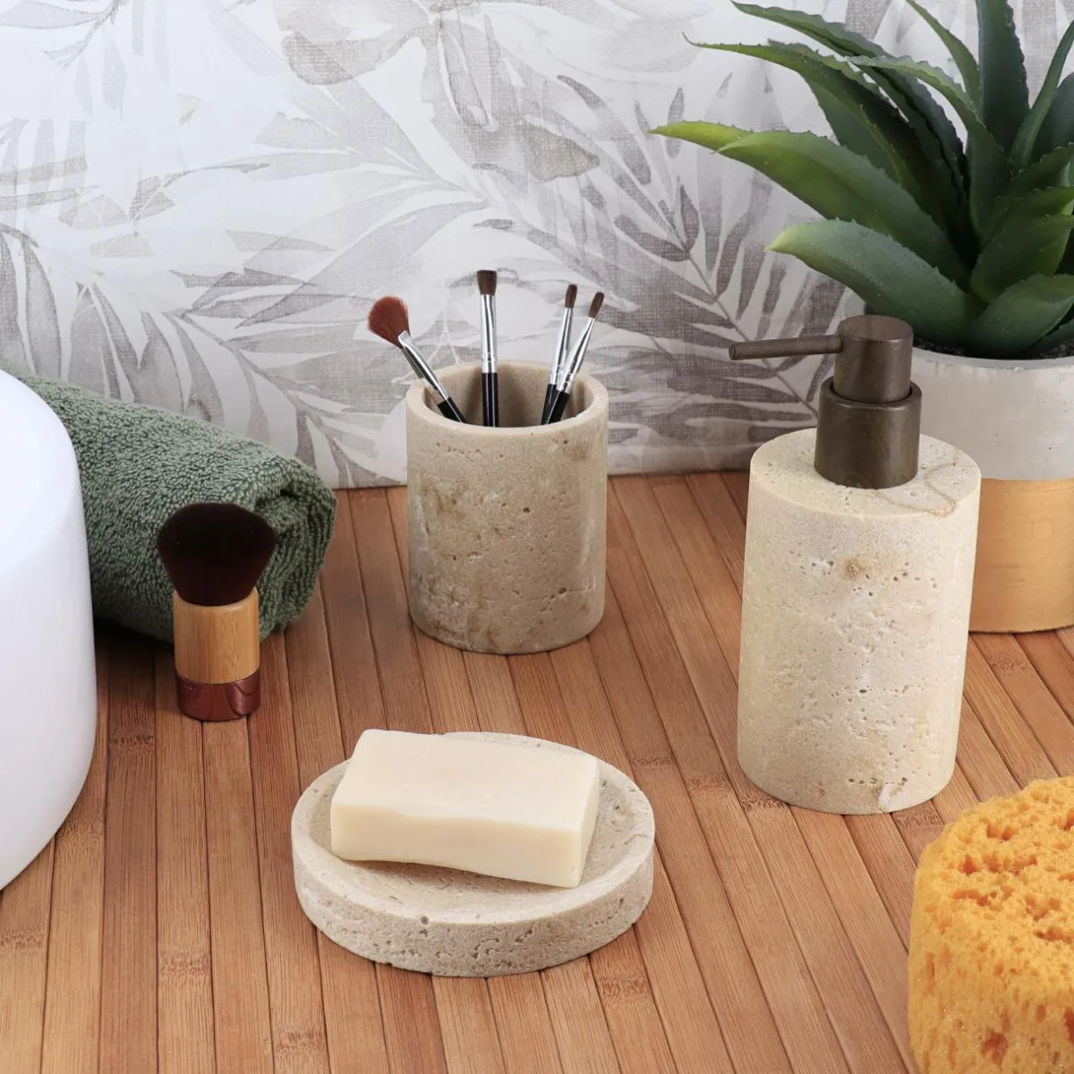 TENDANCE Set d'accessoires salle de bain Travertin Naturel Beige Outlet