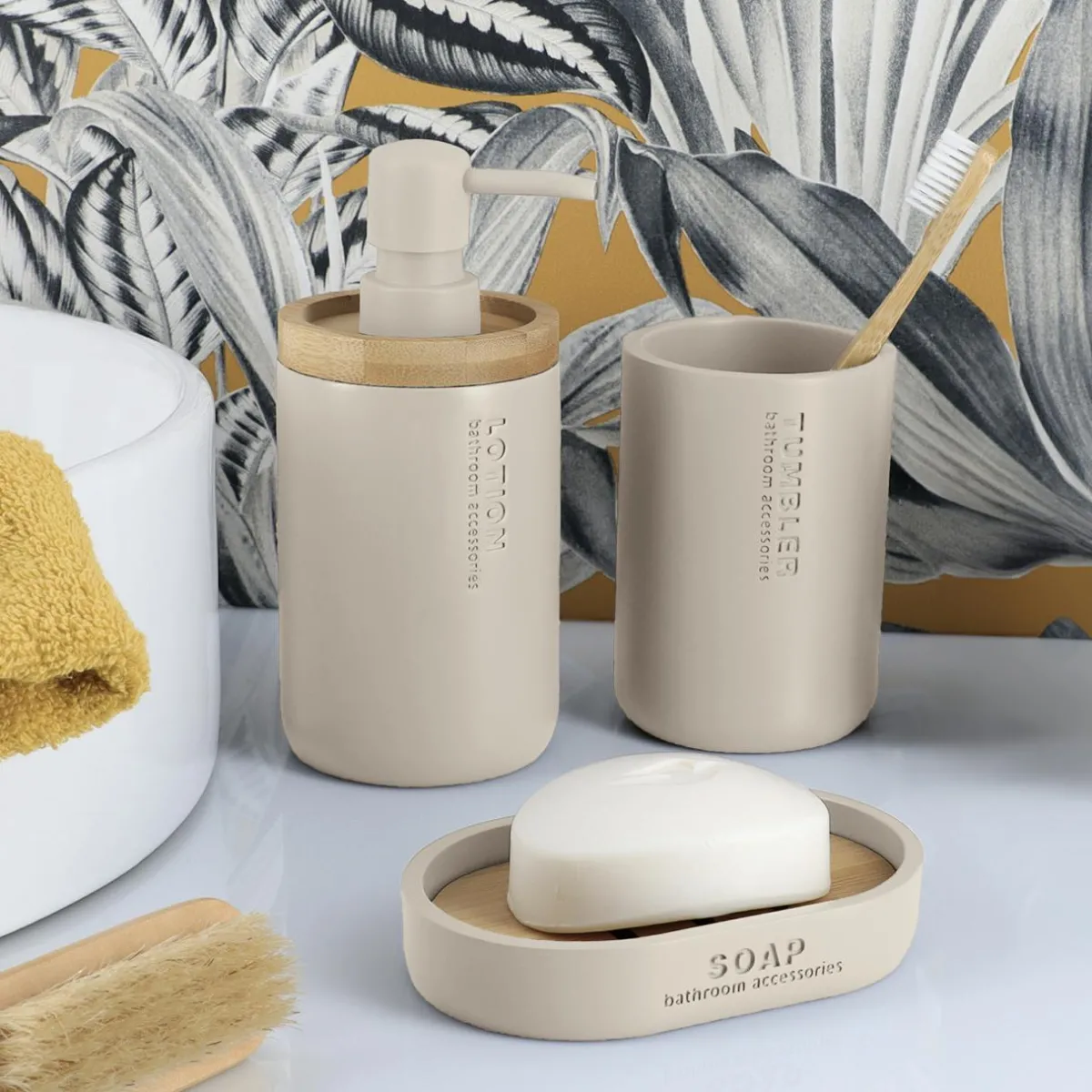 TENDANCE Set d'accessoires salle de bain Purebamboo Beige Hot