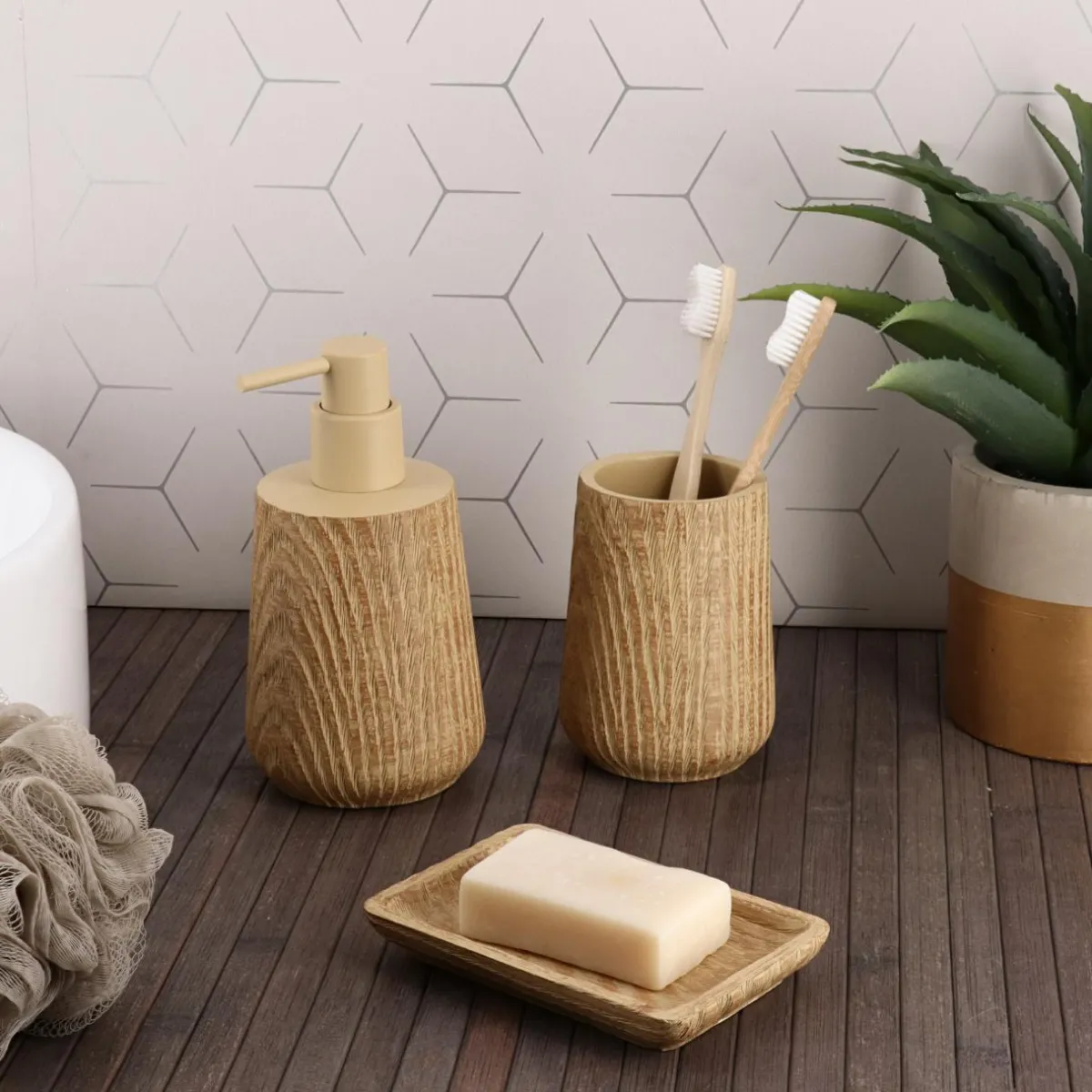 TENDANCE Set d'accessoires salle de bain façon chêne Scandi Beige New
