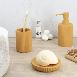 TENDANCE Set d'accessoires salle de bain résine Strié Jaune moutarde Outlet