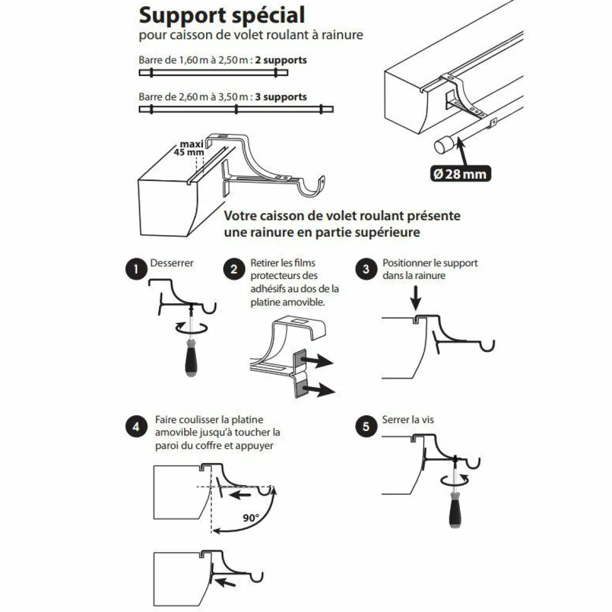 LUANCE Support à tringle pour caisson de volet roulant (L135 / D28 mm) satiné Blanc Clearance