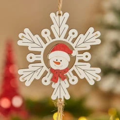 JJA Suspension de Noël en bois (D9 cm) Bonhomme de neige et flocon Blanc Hot
