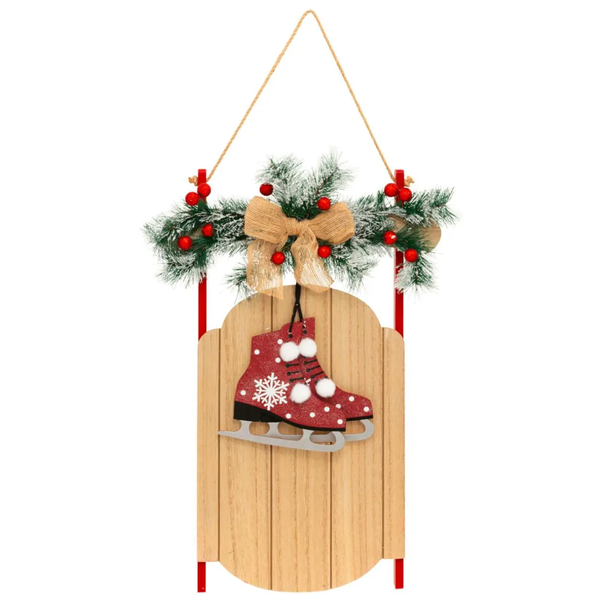 JJA Suspension de Noël en bois (H50 cm) Luge et patins à glace Naturel New