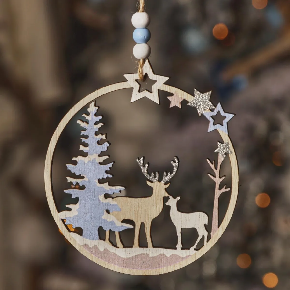 KAEMINGK Suspension de Noël en bois (D11 cm) Renne et biche en forêt Bleu Hot
